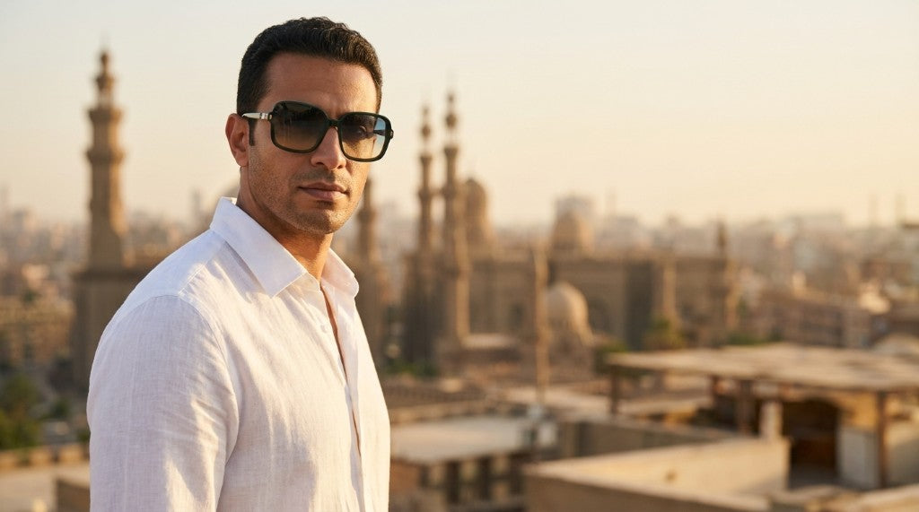 Man wearing sunglasses on Cairo rooftop